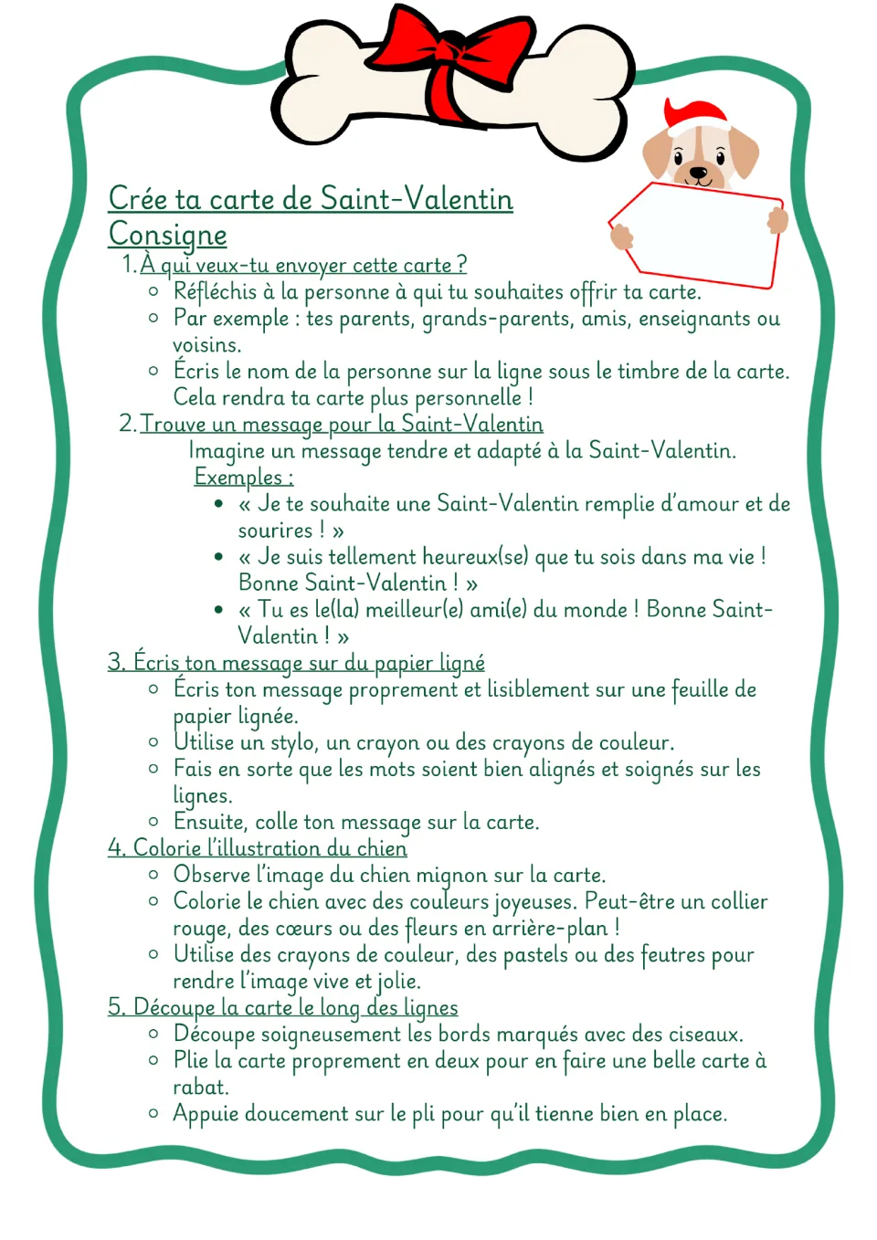 French card-making directions: choose a recipient, compose and glue a message, color the dog, cut, and fold