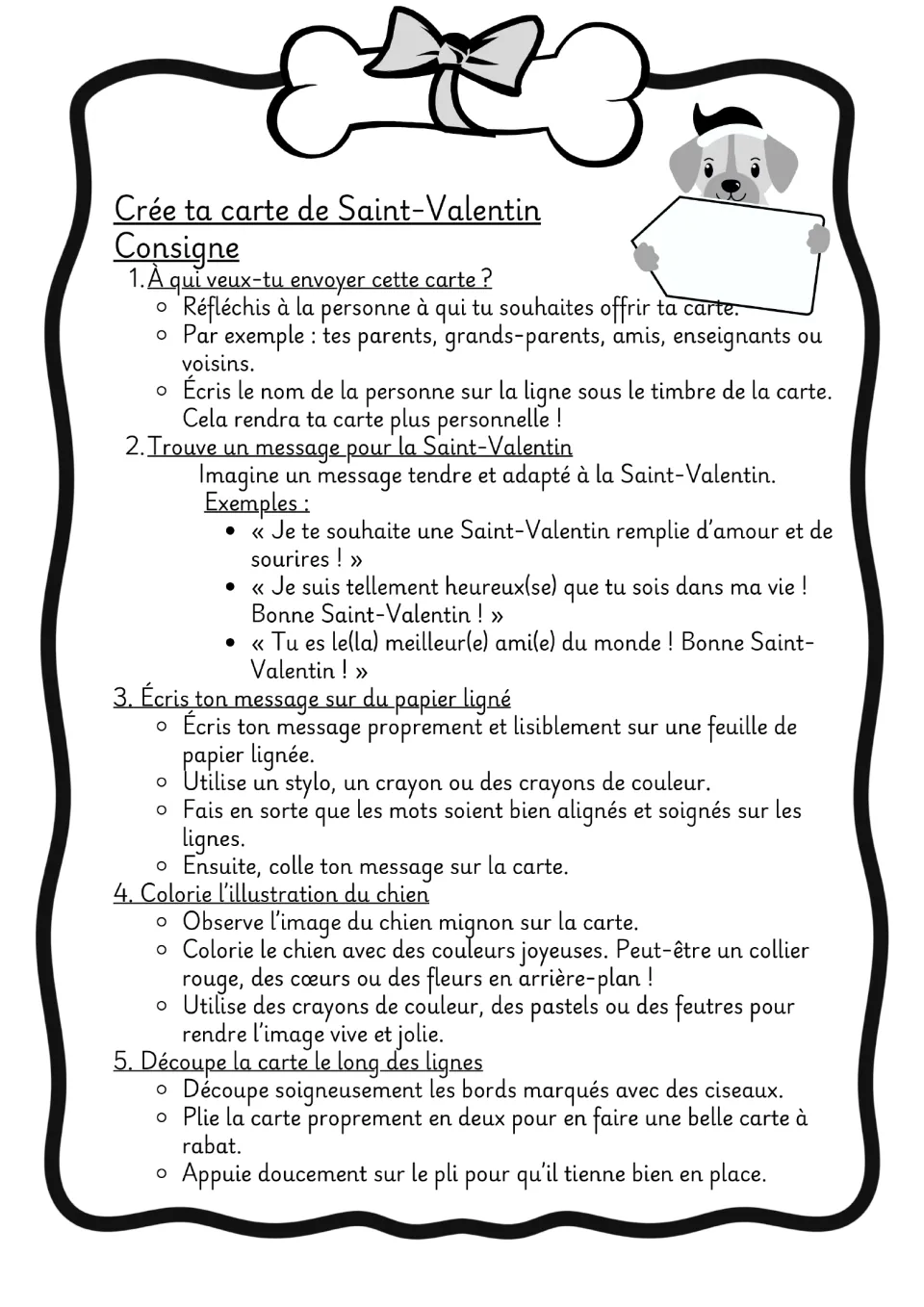 Black-and-white French directions for making a Valentine card, including three sample personal messages