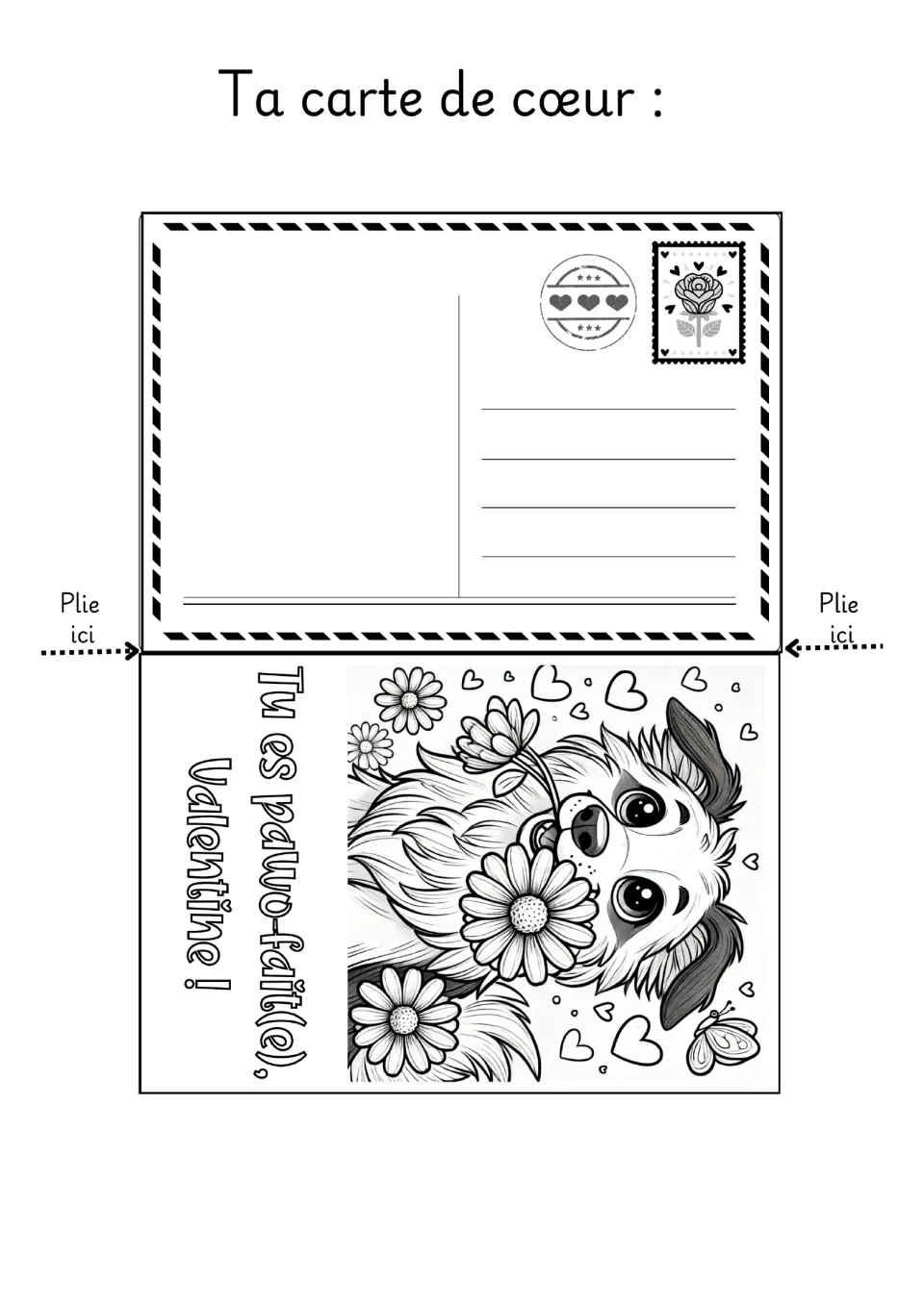 Dog Valentine coloring card 2: a dog holding flowers and the French pun “Tu es paw-fait(e), Valentine !”