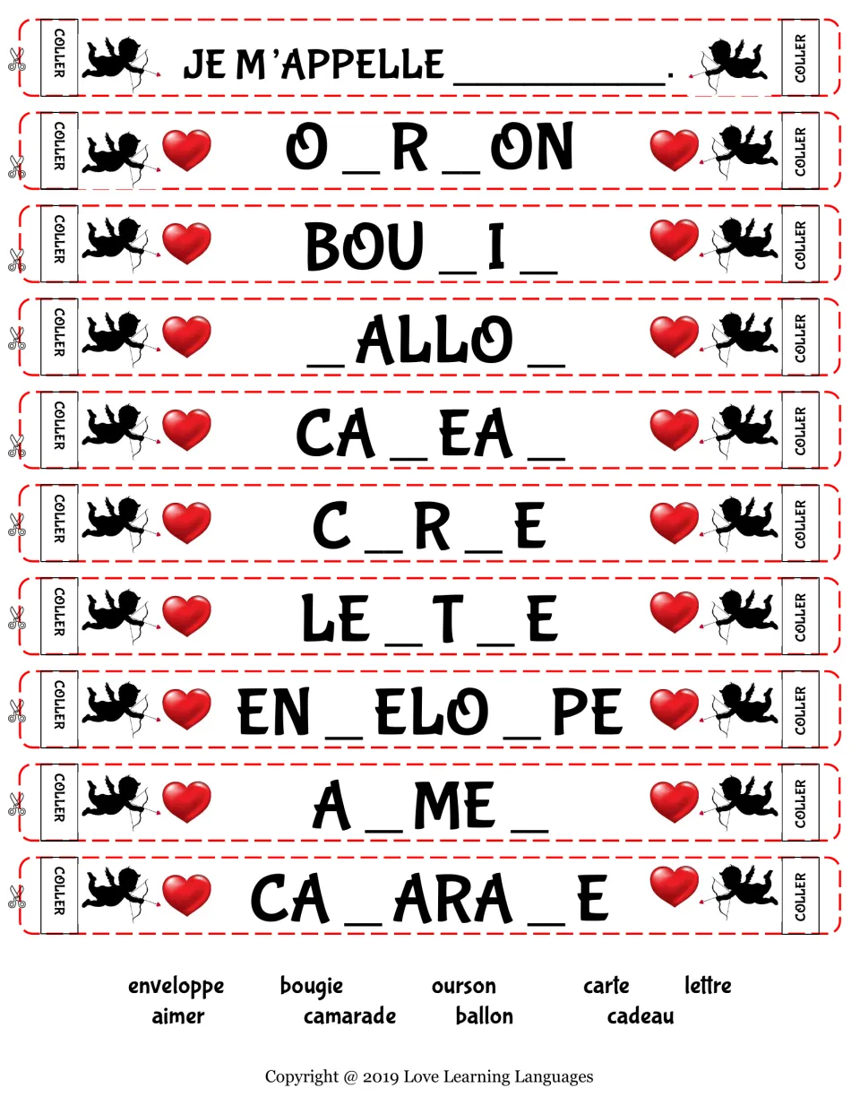 Paper chain set 1: name strip and 9 missing-letter words (O_R_ON, BOU_I_, _ALLO_ and 6 more) with a word bank