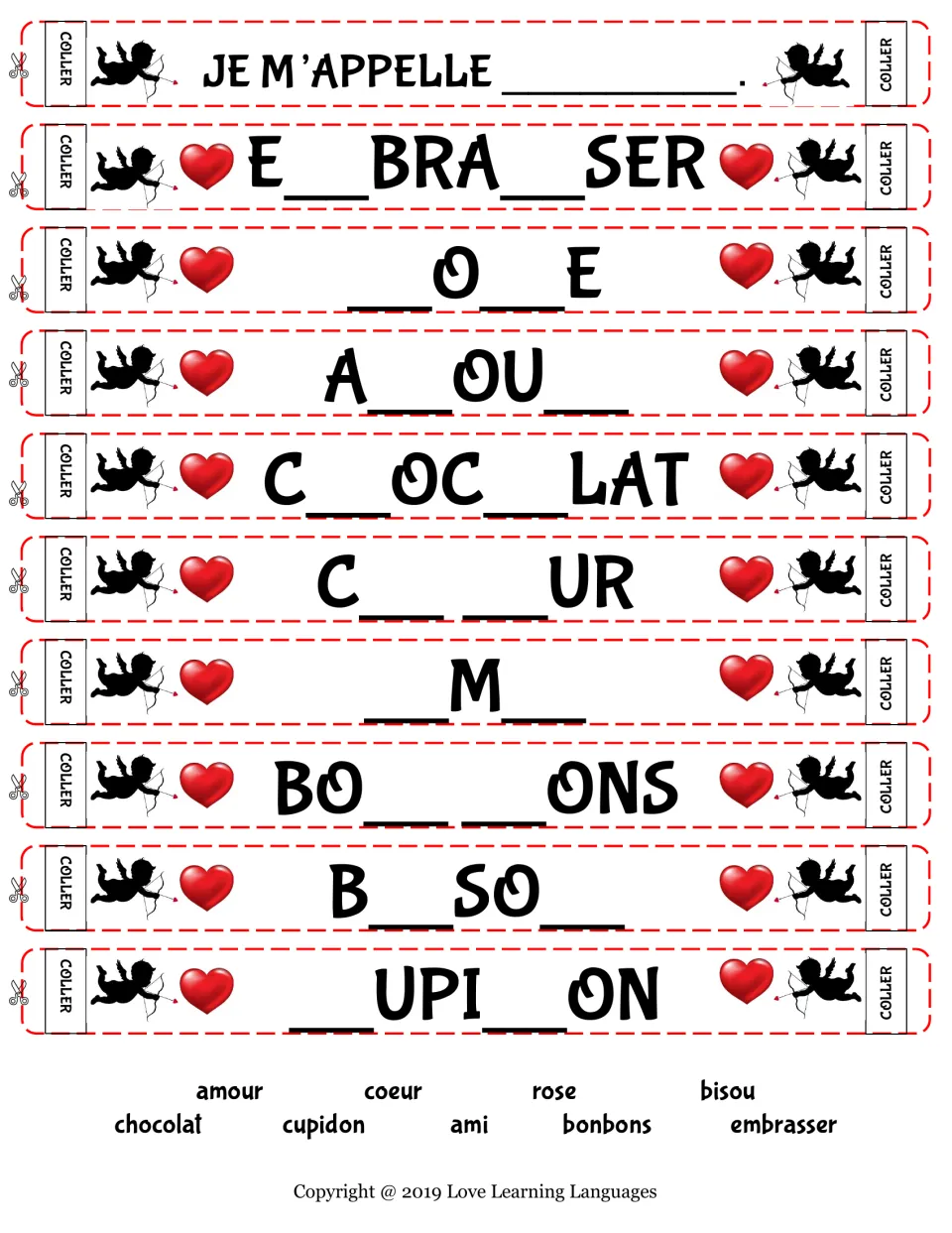 Paper chain set 2: name strip and 9 missing-letter words (E__BRA__SER, __O__E, A__OU__ and 6 more) with a word bank