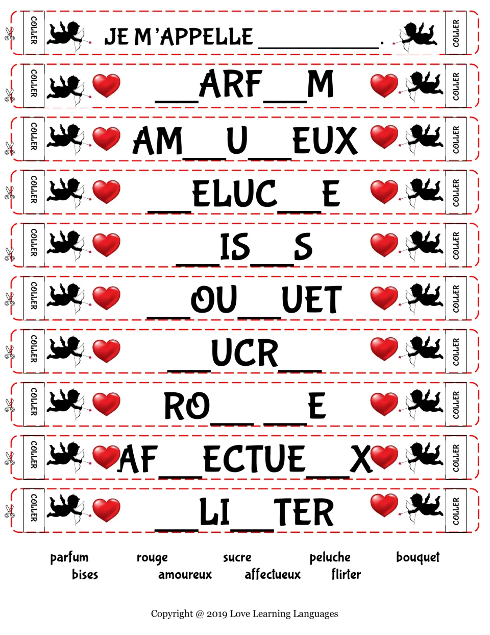 Paper chain set 3: name strip and 9 missing-letter words (__ARF__M, AM__U__EUX and 7 more) with a word bank