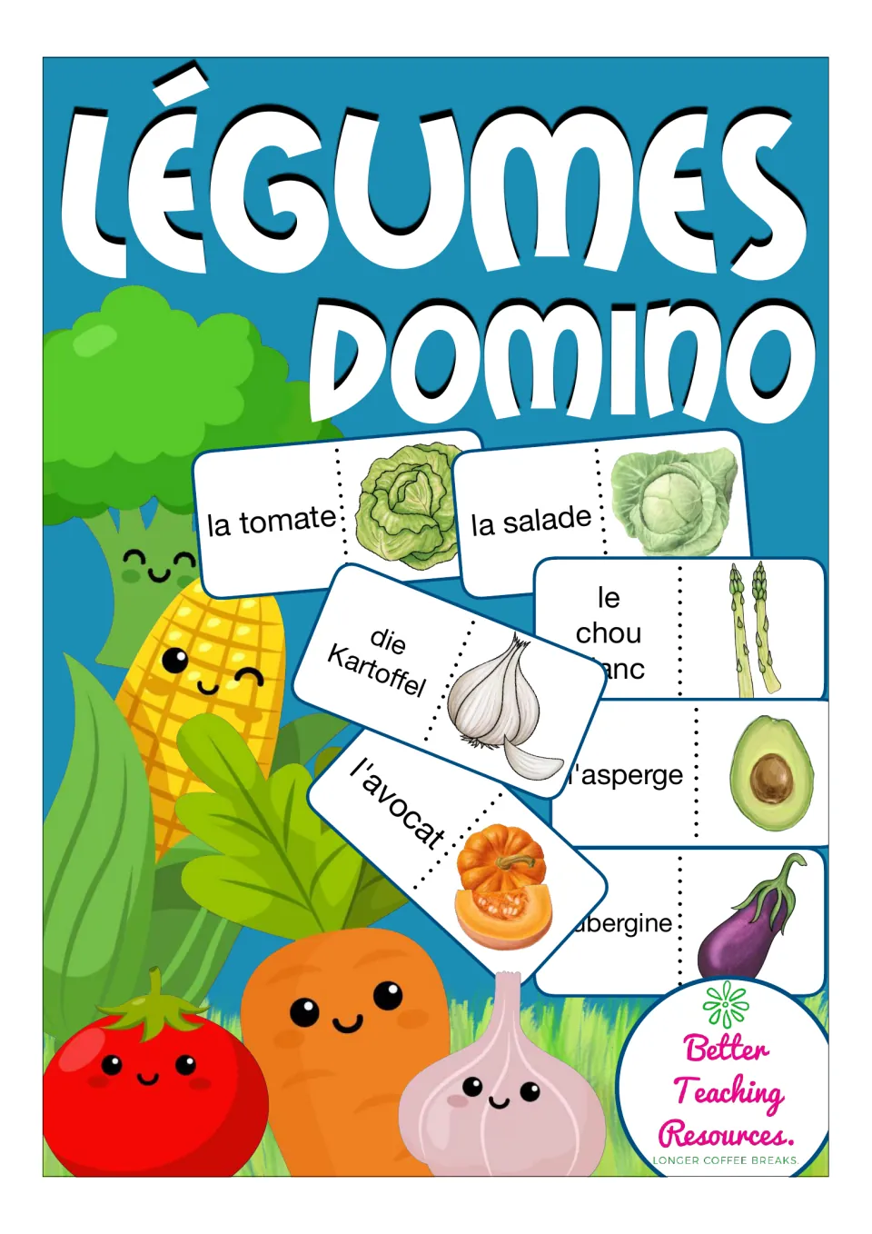 Légumes Domino cover: French vegetable cards such as la tomate and la salade, with cartoon vegetables around them