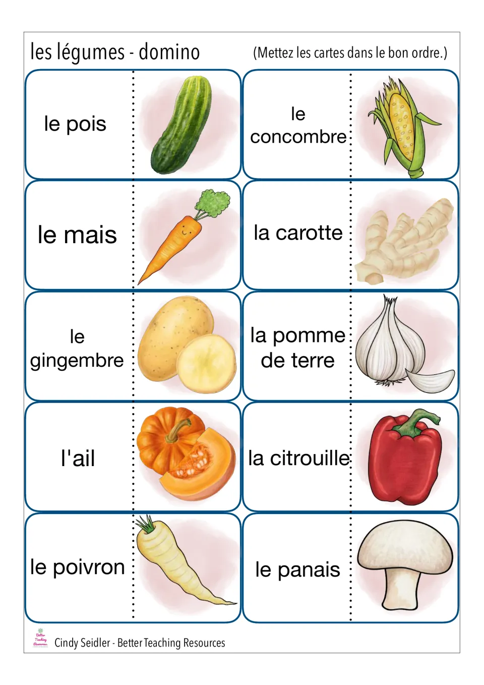 Second sheet of French vegetable dominoes, le pois to le panais, for ordering cards by matching each word to a picture