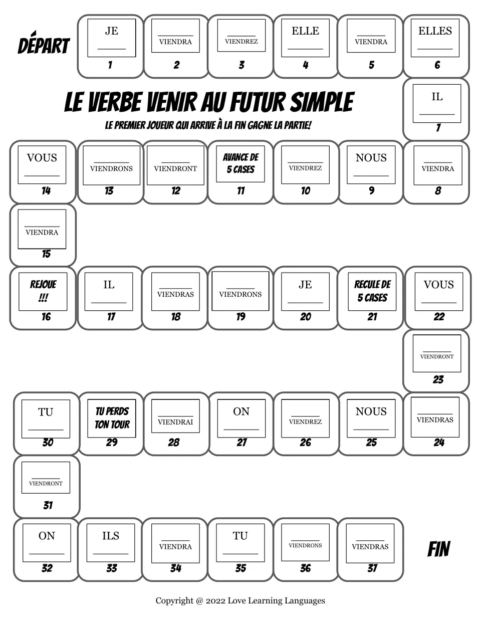 French conjugation game board: venir (to come) prompts in the simple future and turn rules across 37 spaces.
