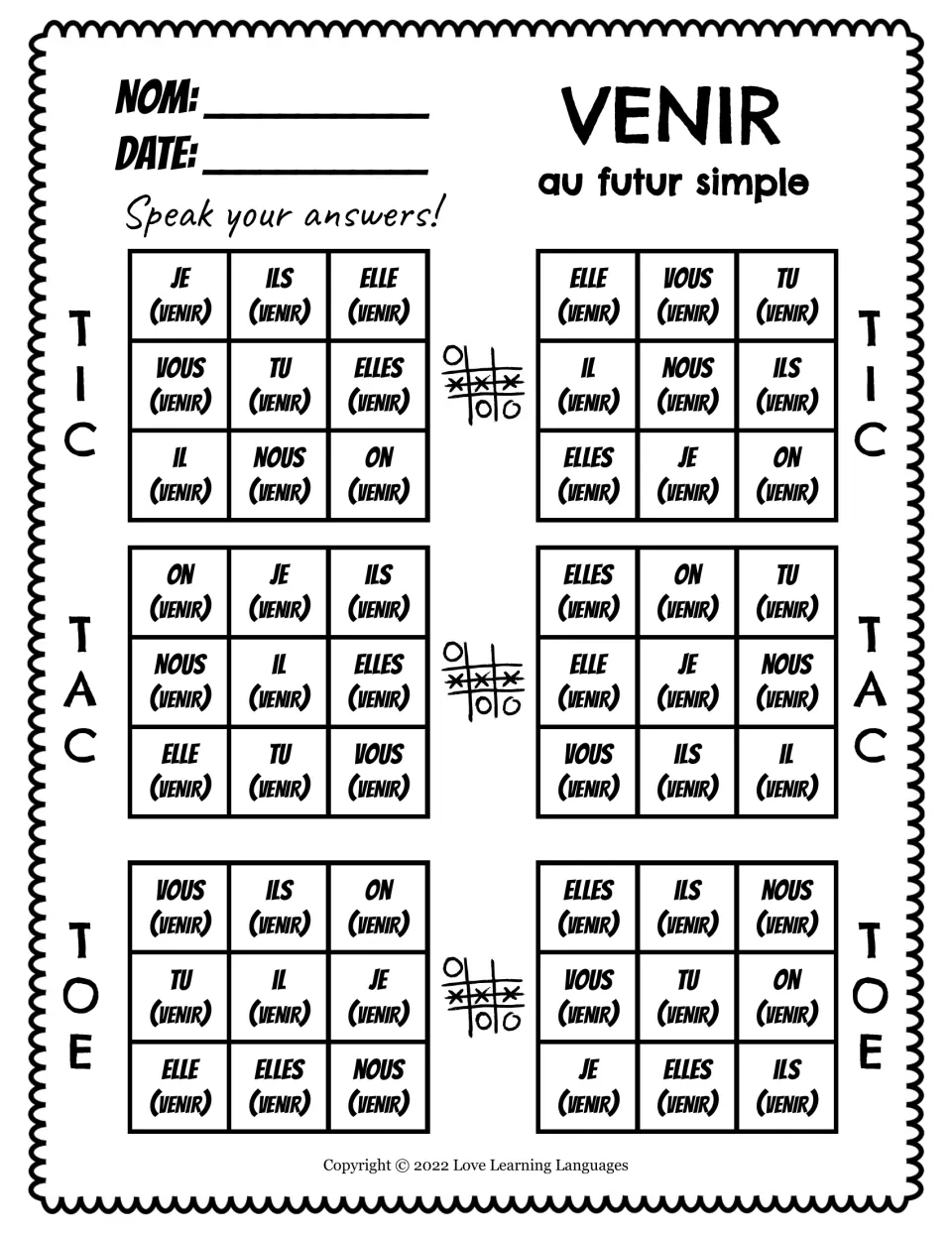 Oral tic-tac-toe practice: six boards prompting simple future forms of venir (to come) for French pronouns.