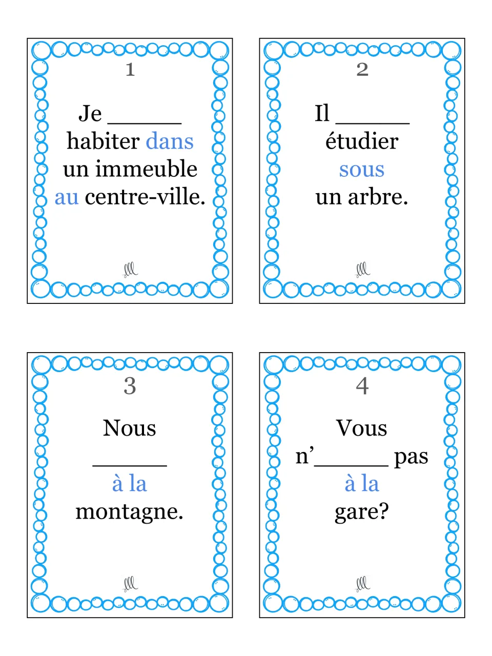 Aller task cards 1-4: students write the correct form of aller for je, il, nous and vous, including n'___ pas negation