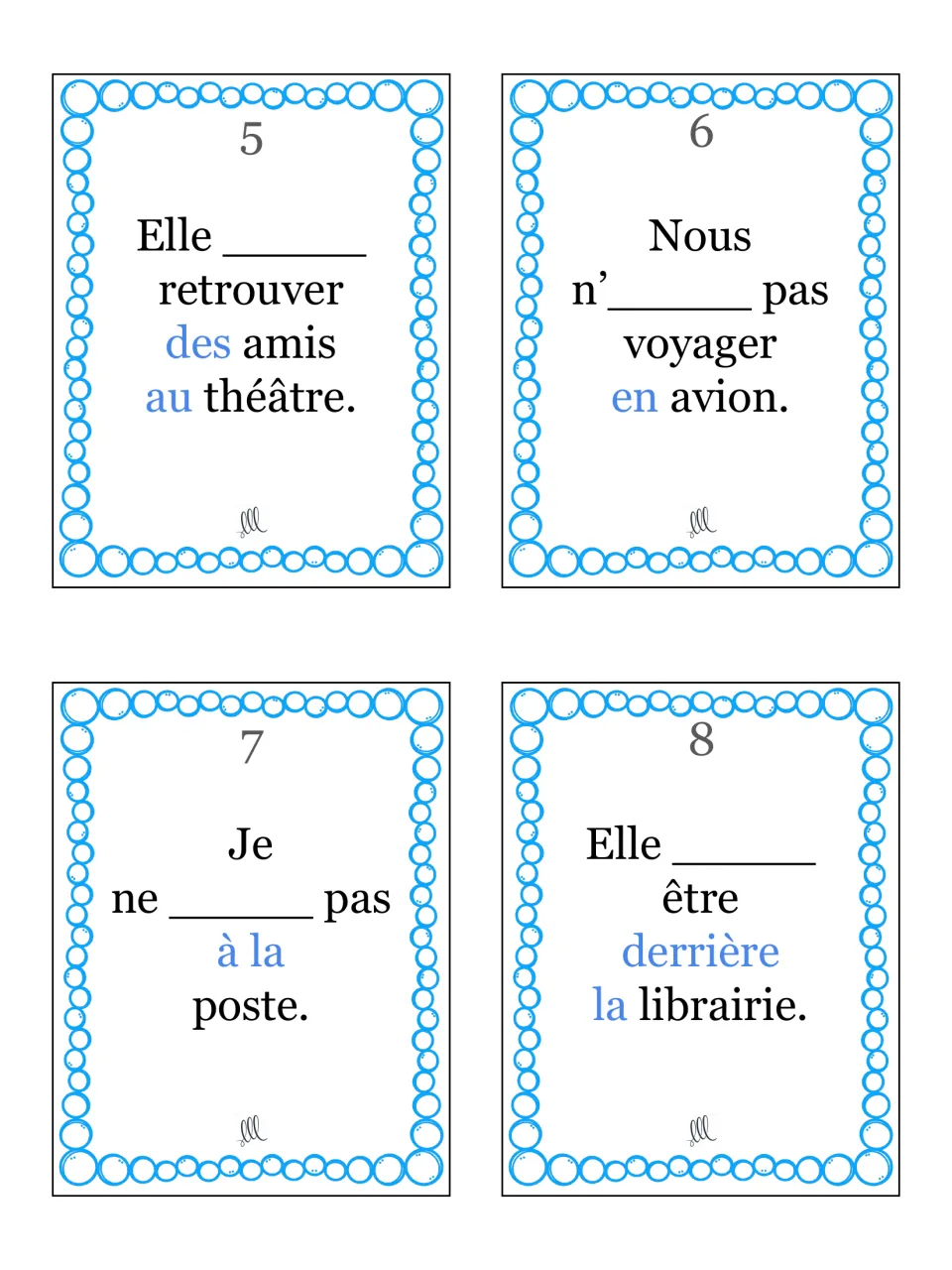Aller cards 5-8: fill in aller for elle, nous, je and elle, with near-future verbs retrouver, voyager and être