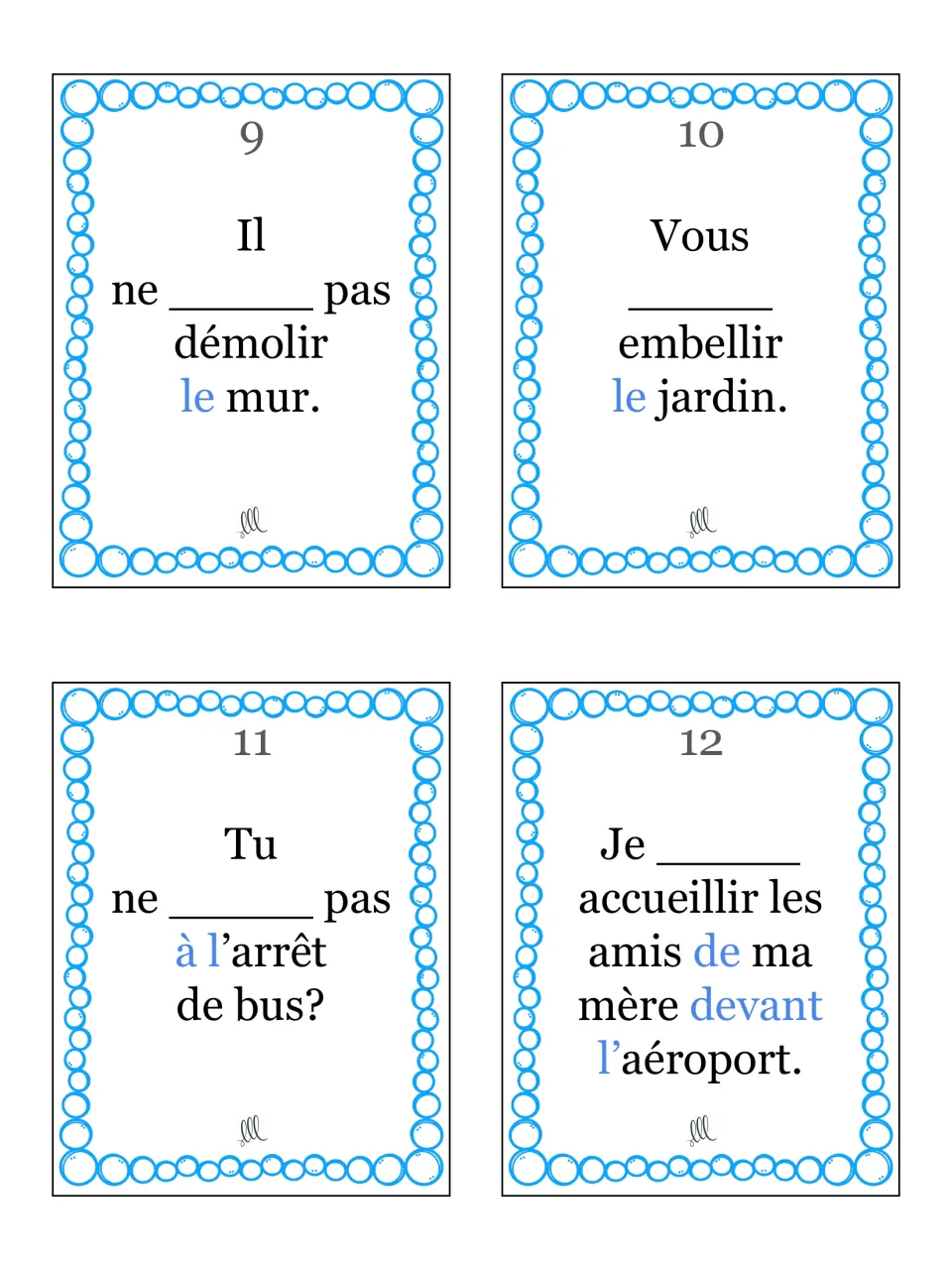 Cards 9-12 on aller: students complete negative and near-future sentences about le mur, le jardin and l'arrêt de bus