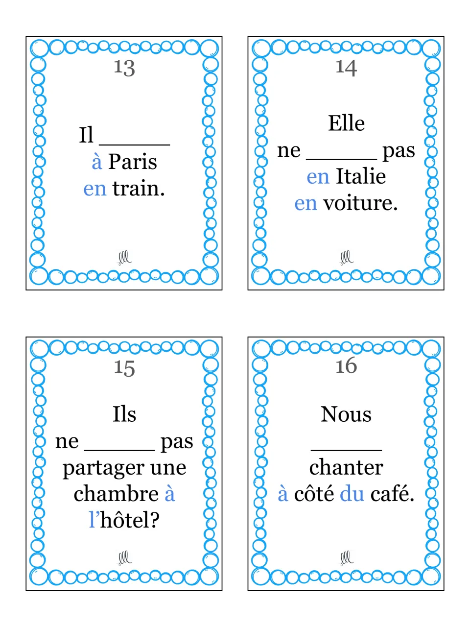 Cards 13-16: students conjugate aller for trips to Paris en train and en Italie en voiture, a hotel room and a café