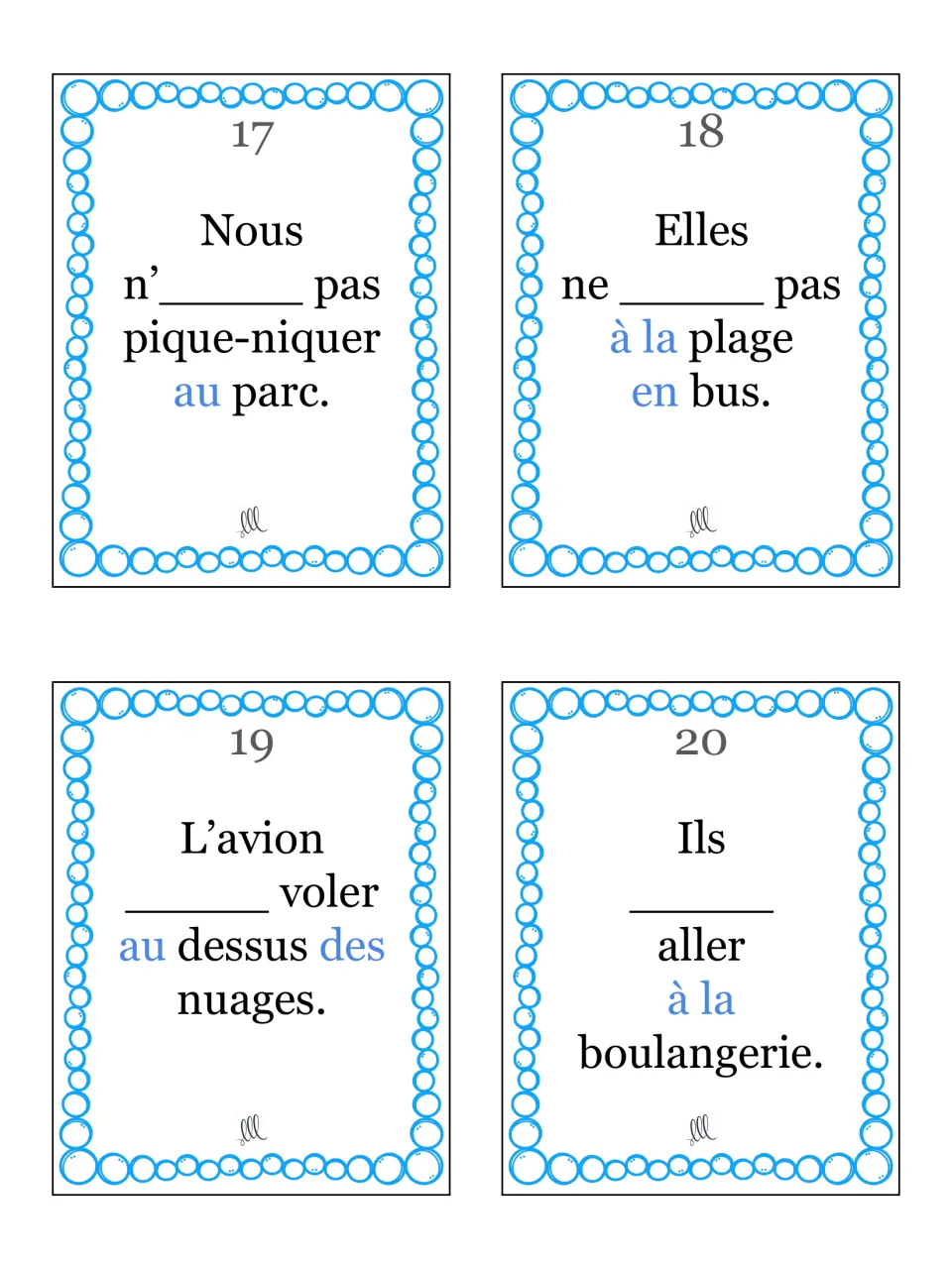 Cards 17-20: students fill in aller in sentences about a park picnic, the beach by bus, a plane and the boulangerie