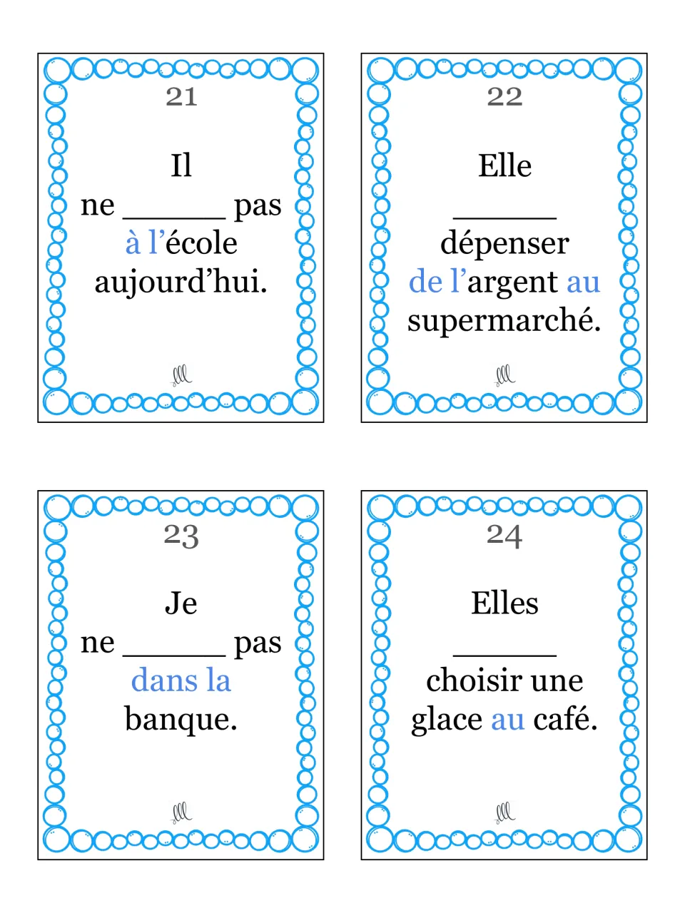 Cards 21-24: aller conjugation practice set at school, the supermarket, the bank and a café, with ne...pas negation