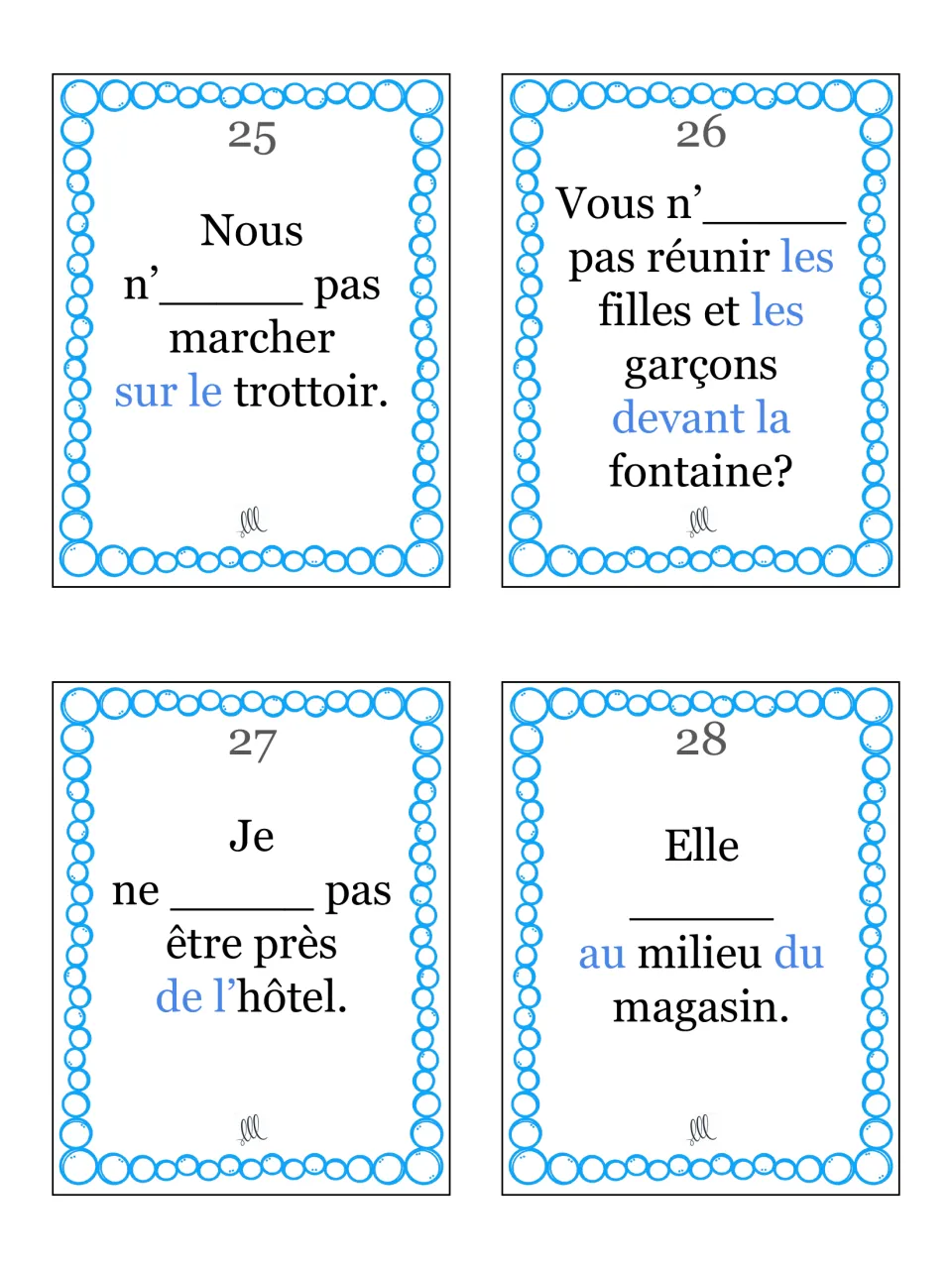 Cards 25-28: students supply aller in sentences on walking the sidewalk, a fountain, a hotel and the middle of a shop