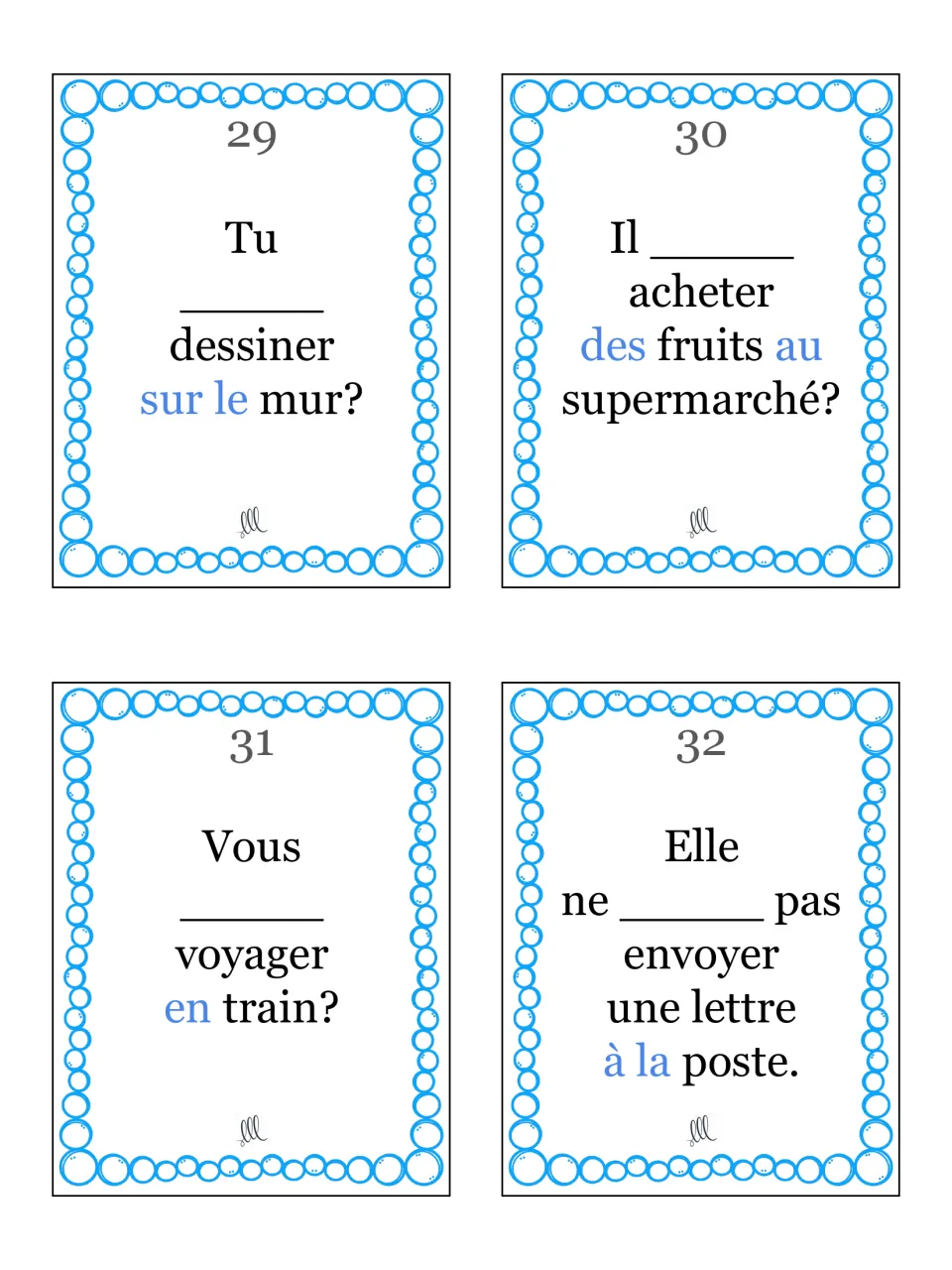 Cards 29-32: aller in questions and statements about drawing on a wall, buying fruit, train travel and mailing a letter