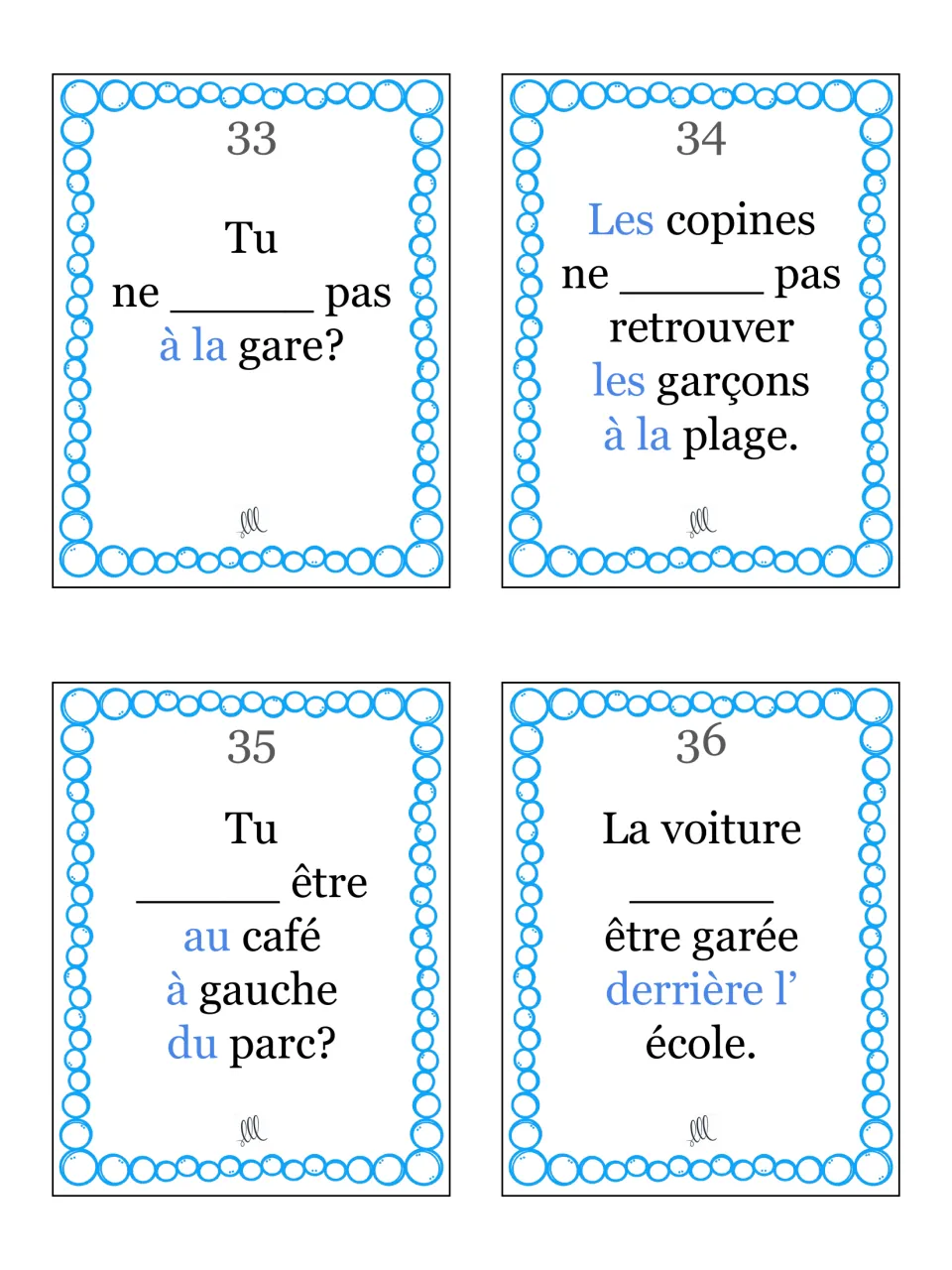 Cards 33-36: students fill in aller for tu, les copines and la voiture at the station, the beach, a café and a school