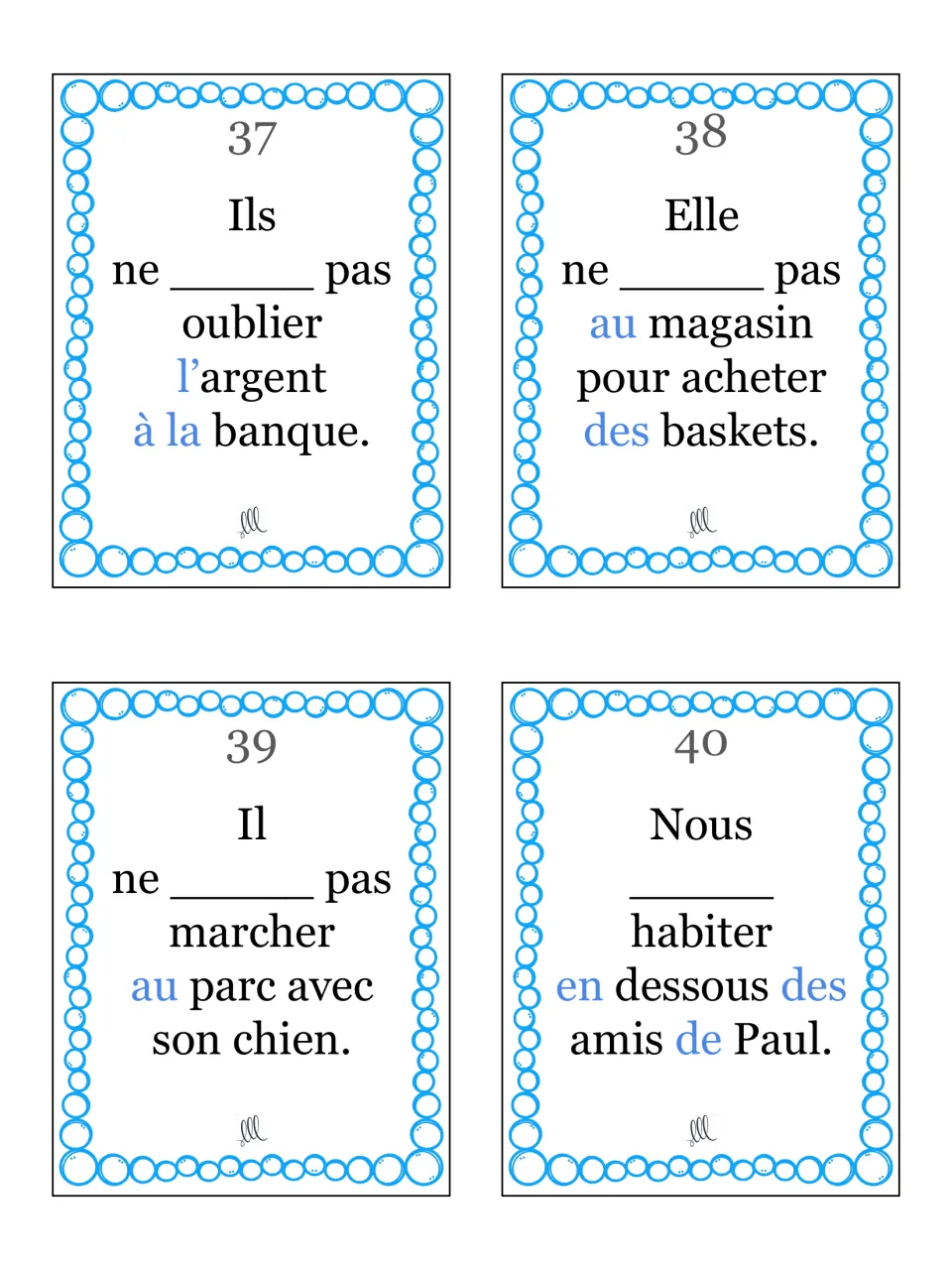 Cards 37-40: aller fill-in sentences about forgetting money at the bank, buying sneakers, a dog walk and Paul's friends