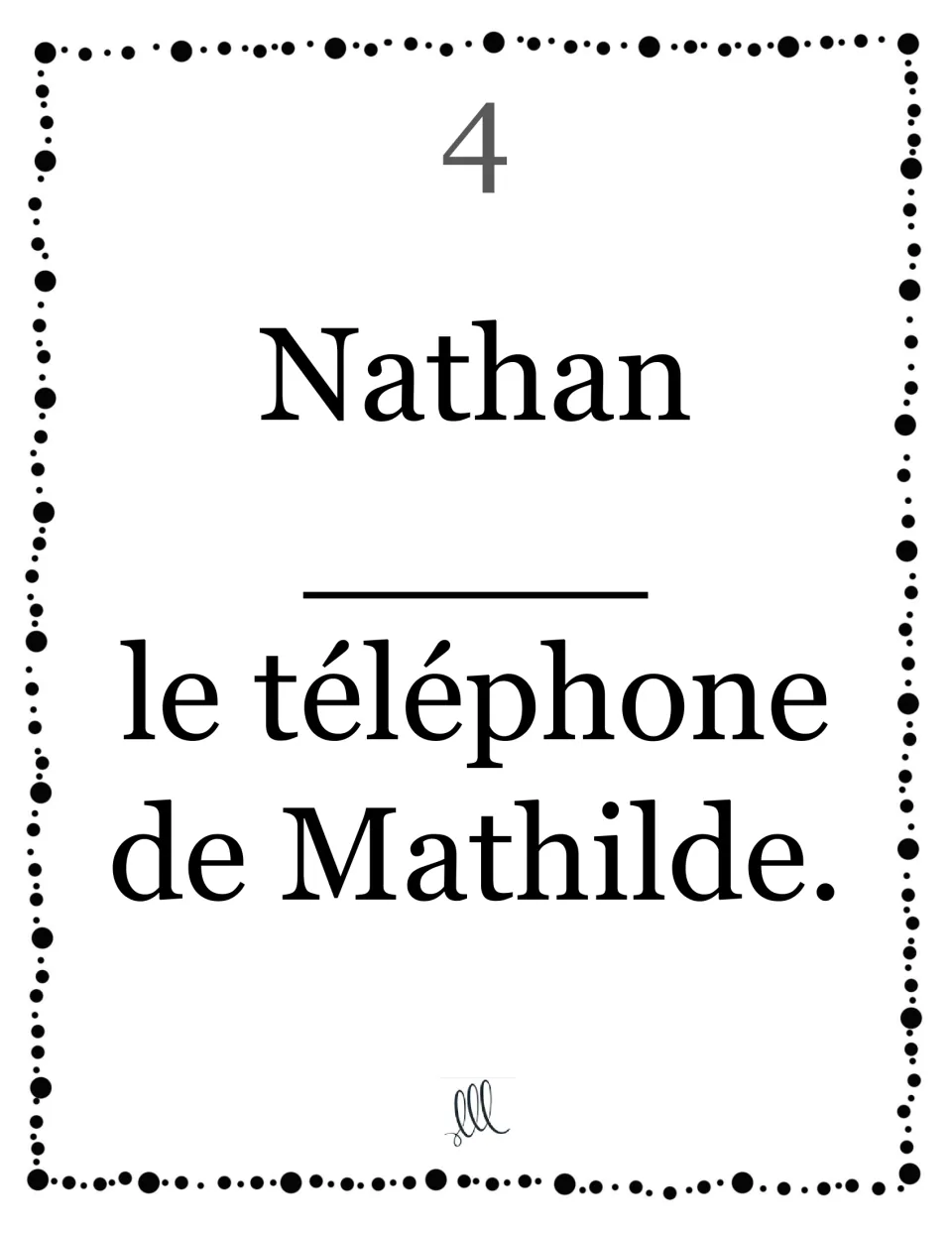 Card 4, avoir with a named subject: students complete "Nathan ____ le téléphone de Mathilde" using the il/elle form