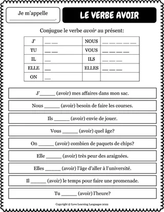 Avoir Verb Worksheet – cover