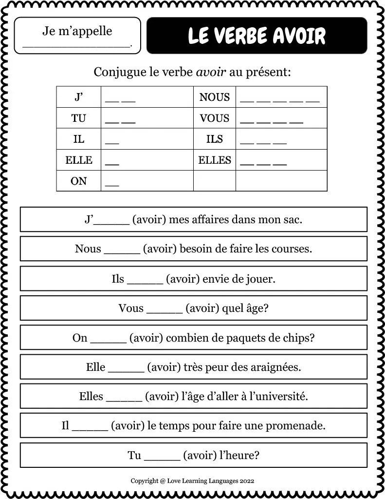 Avoir Verb Worksheet – cover