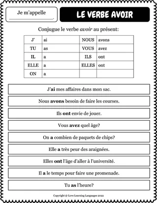 Avoir Verb Worksheet – sample page 3