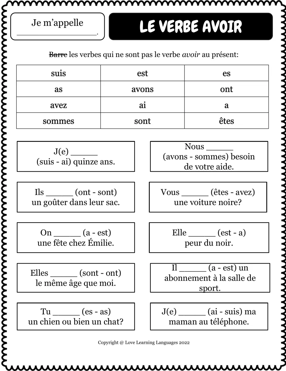 Avoir vs. être: students cross out non-avoir forms in a 12-verb chart and pick the correct verb in 10 sentences