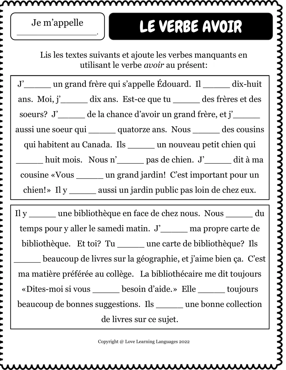 Avoir in context: students read two short French passages about family and a library and fill each gap with the correct form