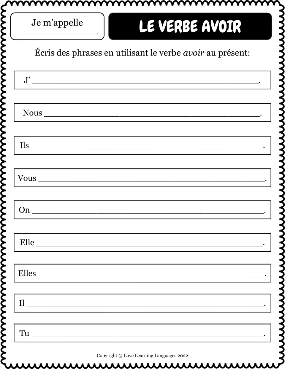 Sentence writing in French: students write their own present-tense avoir sentence for each of 9 subject pronouns
