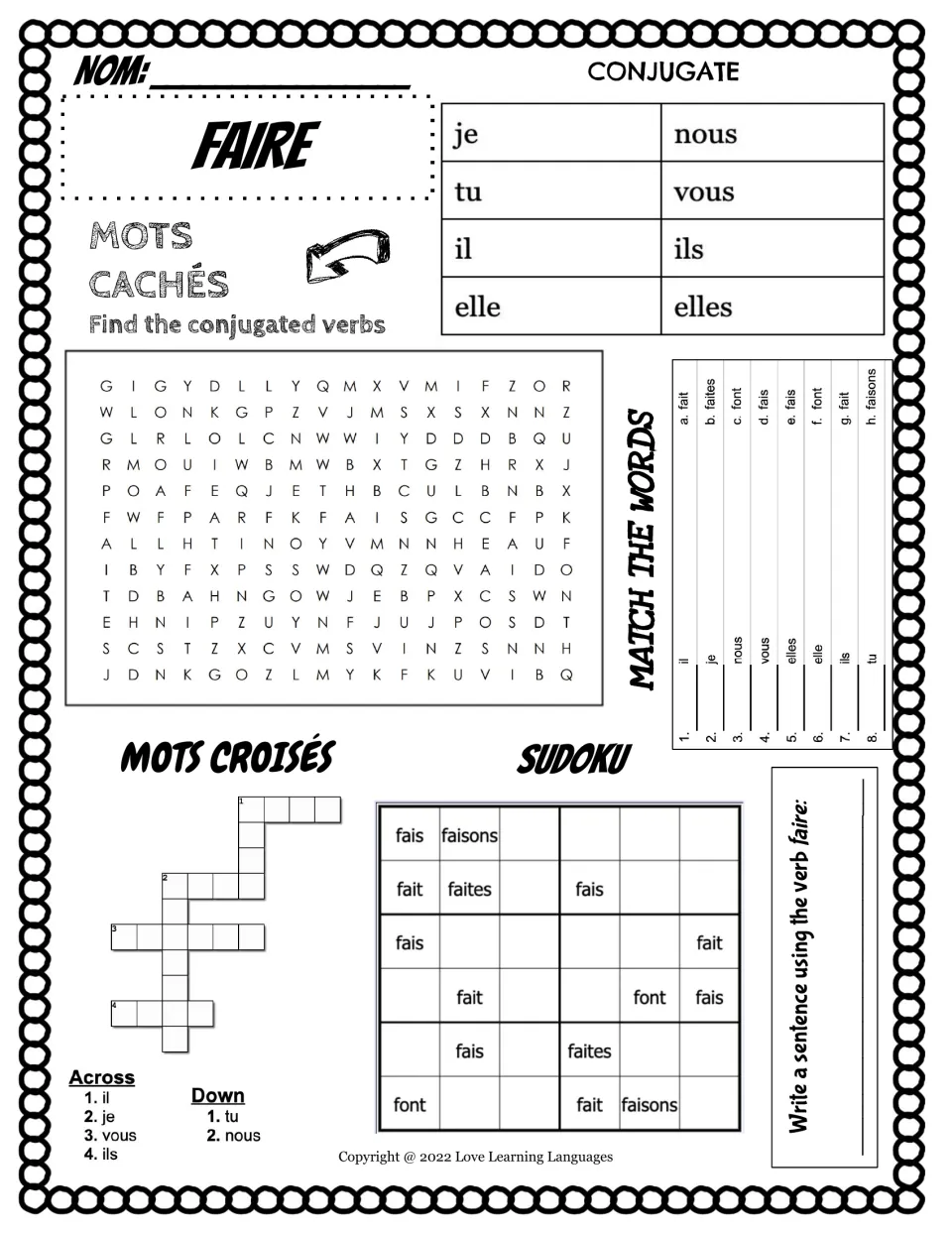 Verb faire practice: students conjugate it, find forms in a word search, match pronouns, do a crossword and sudoku