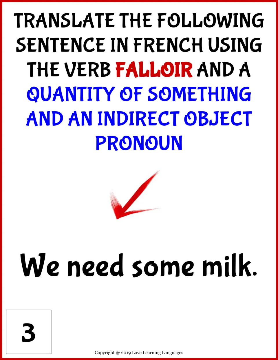 Falloir with a quantity, card 3: students translate "We need some milk" into French with an indirect object pronoun