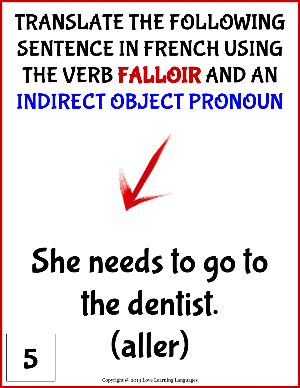 Falloir card 5: students say "She needs to go to the dentist" in French, choosing the third-person pronoun with aller
