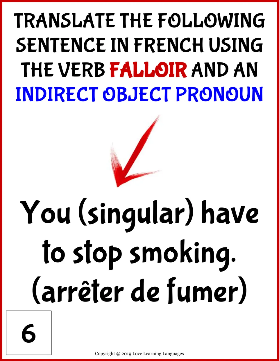 Falloir translation card 6: students translate "You (singular) have to stop smoking" into French using arrêter de fumer