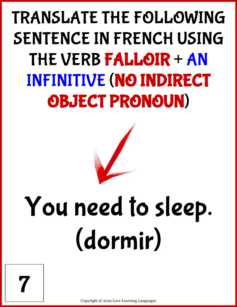 Falloir + infinitive, card 7: students translate "You need to sleep" with dormir and no indirect object pronoun
