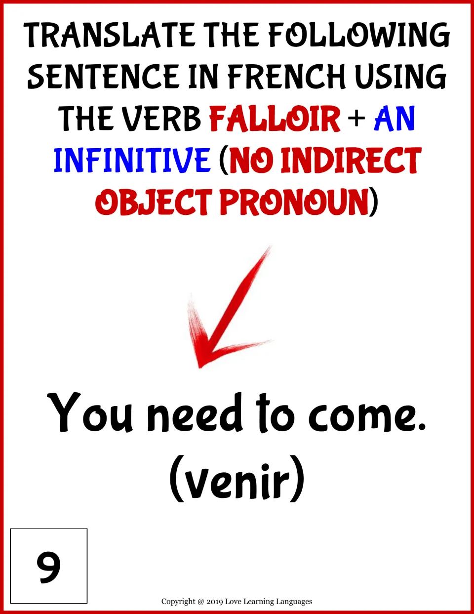 Falloir + infinitive, card 9: students put "You need to come" into French using venir, omitting the indirect object pronoun