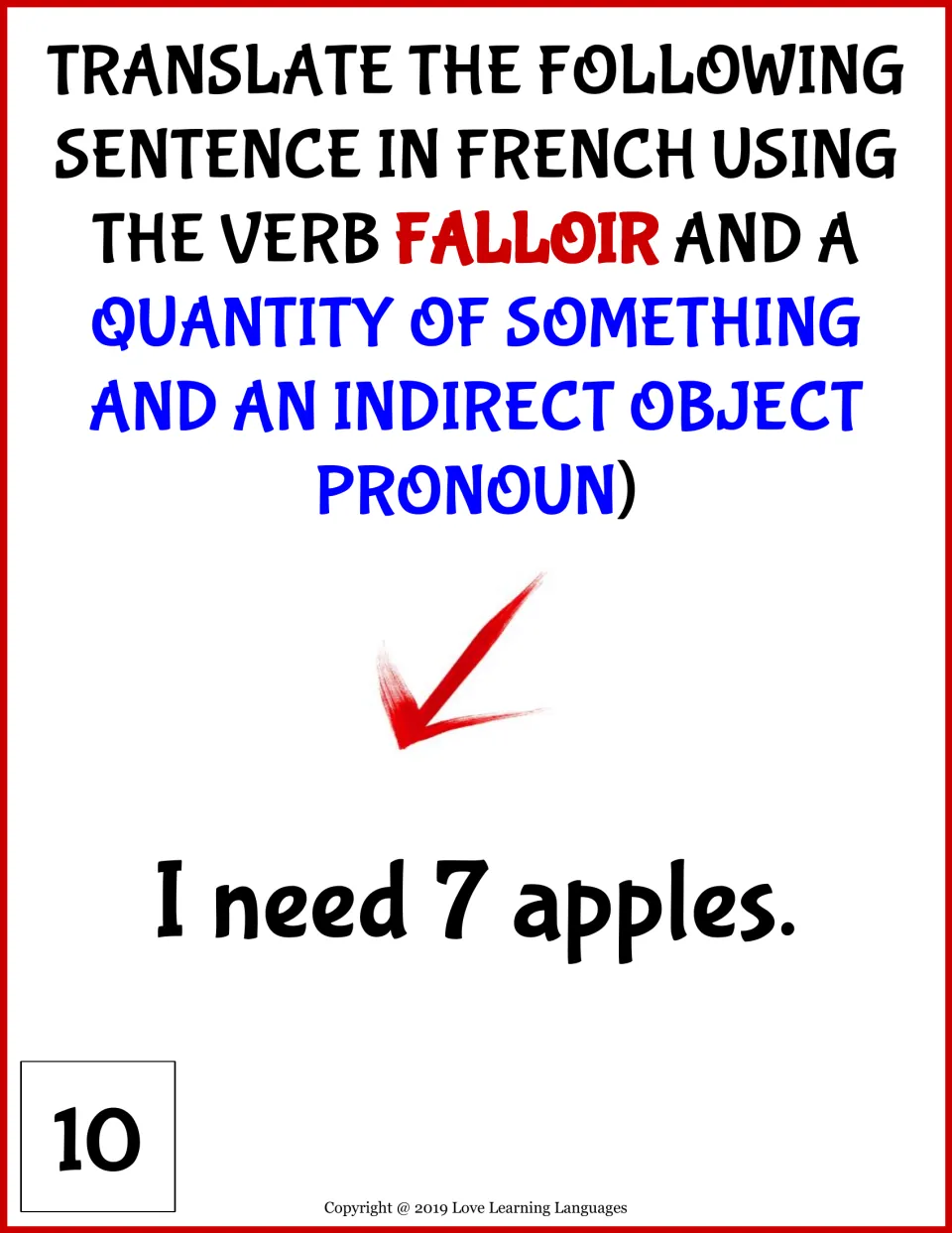 Falloir with a number, card 10: students translate "I need 7 apples" into French with an indirect object pronoun