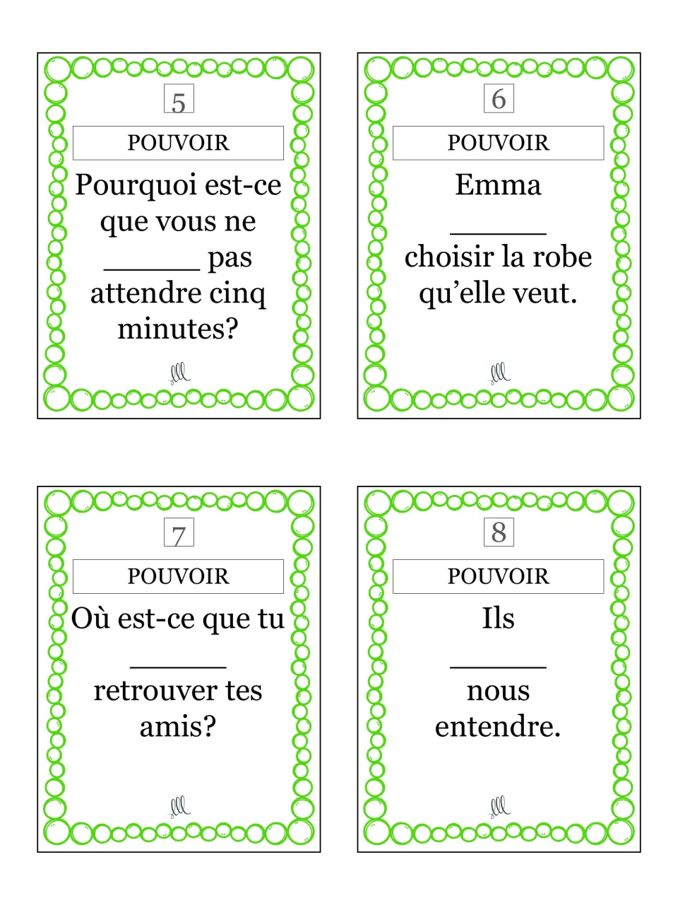 Pouvoir cards 5–8: blanks for vous, Emma, tu and ils, e.g. 'Emma ___ choisir la robe qu'elle veut'