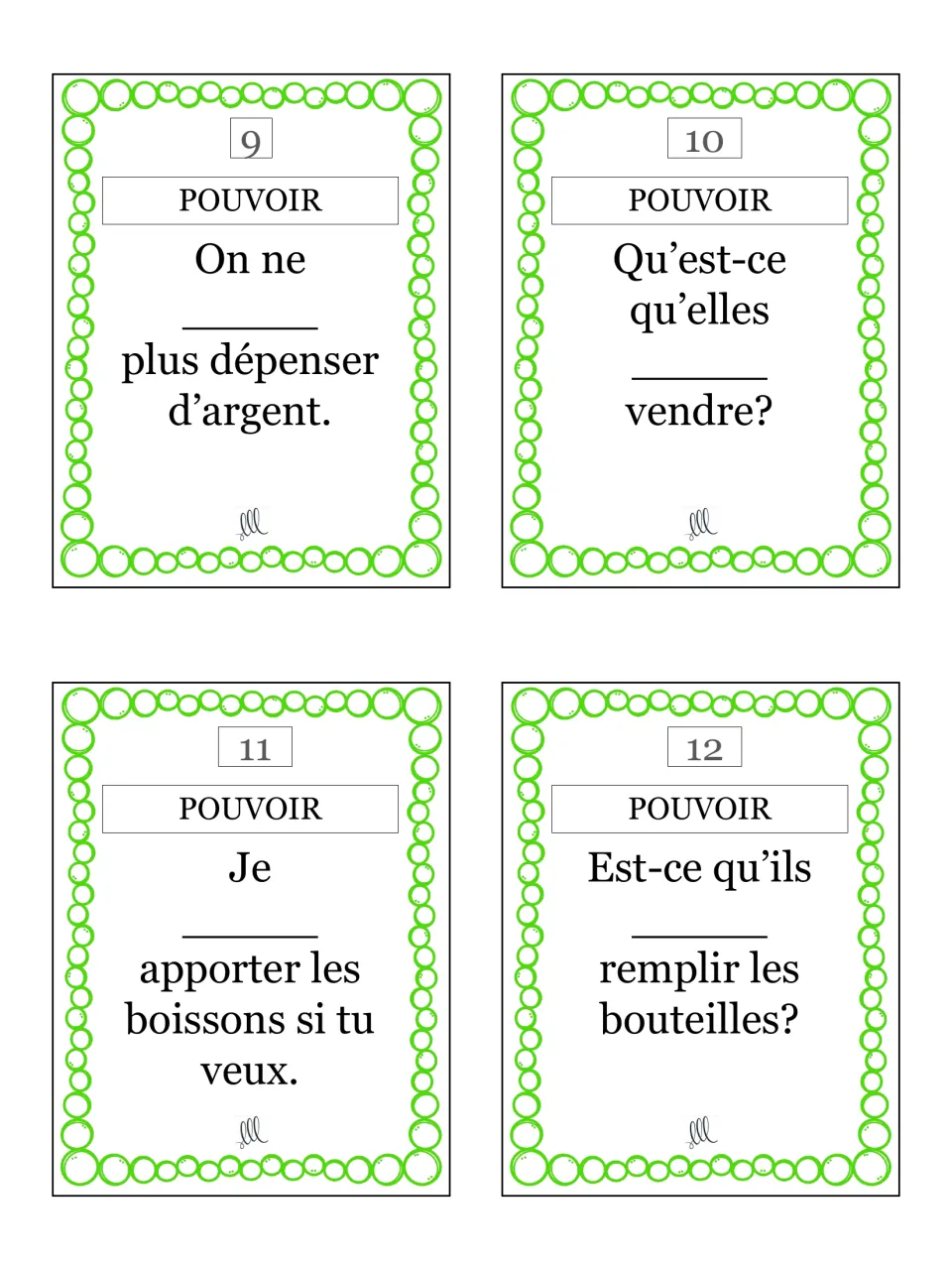Cards 9–12 of the pouvoir set: on, elles, je and ils, including 'Je ___ apporter les boissons si tu veux.'