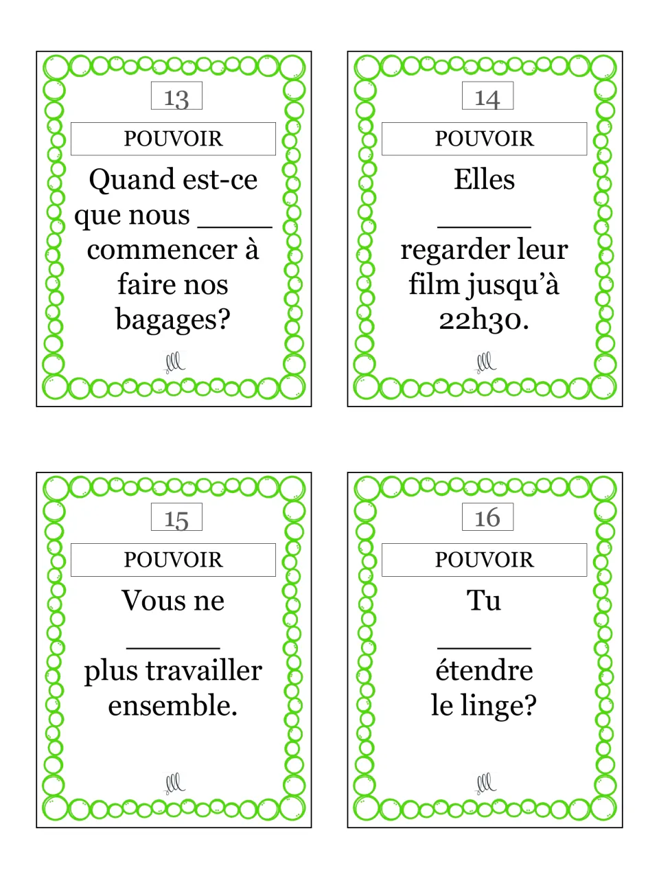 Pouvoir cards 13–16 with nous, elles, vous and tu, such as 'Elles ___ regarder leur film jusqu'à 22h30.'