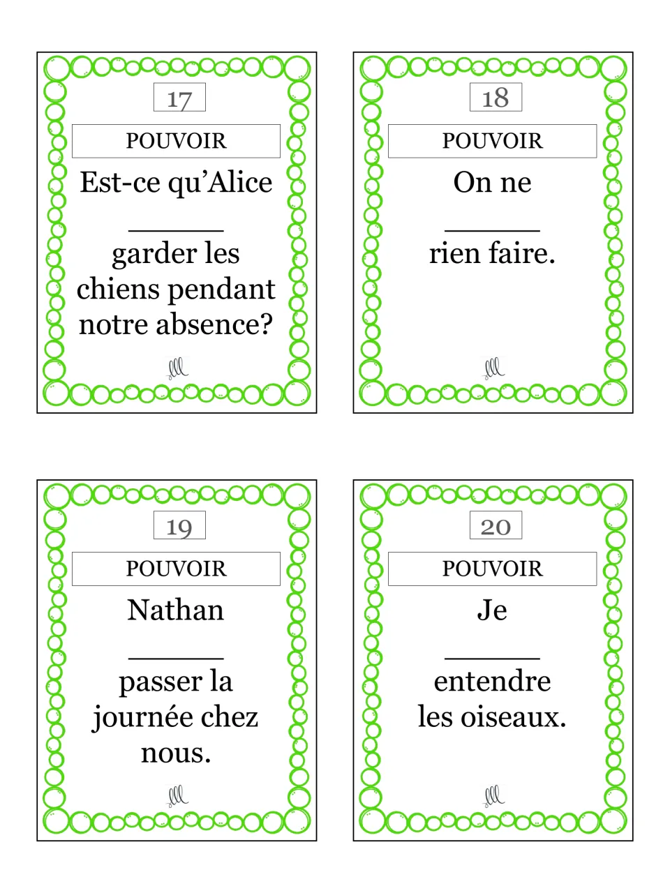Pouvoir cards 17–20: Alice, on, Nathan and je, e.g. 'Est-ce qu'Alice ___ garder les chiens pendant notre absence?'
