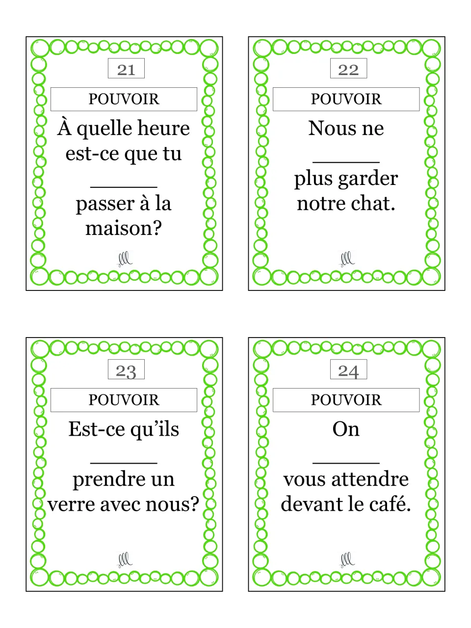 Cards 21–24 for pouvoir: tu, nous, ils and on, including 'Nous ne ___ plus garder notre chat.' (keep our cat)