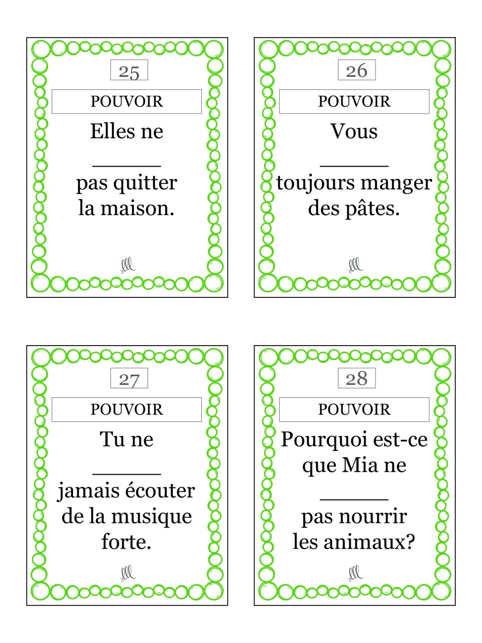 Pouvoir cards 25–28 using elles, vous, tu and Mia, such as 'Vous ___ toujours manger des pâtes.' (eat pasta)