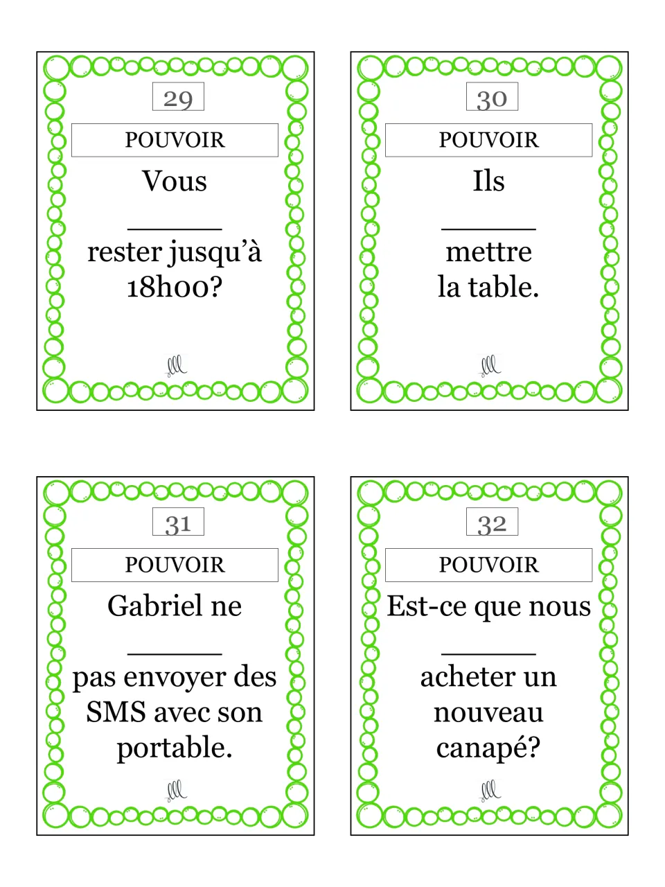 Pouvoir cards 29–32: vous, ils, Gabriel and nous, e.g. 'Ils ___ mettre la table.' (set the table)