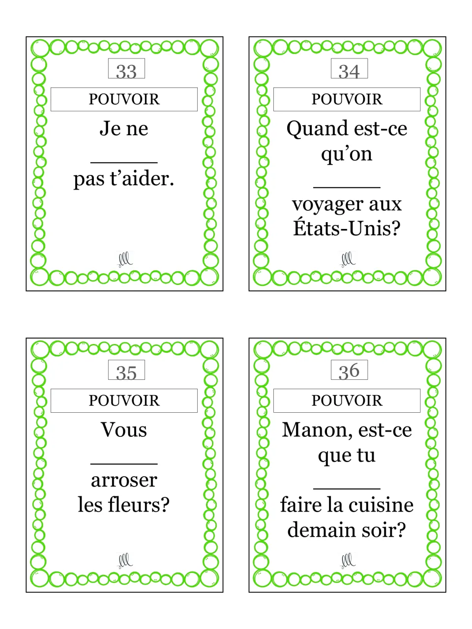 Pouvoir cards 33–36: je, on, vous and Manon, including 'Quand est-ce qu'on ___ voyager aux États-Unis?'