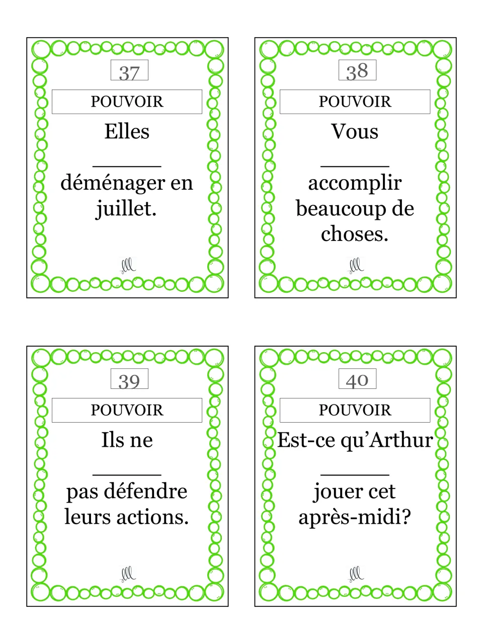 Pouvoir cards 37–40: elles, vous, ils and Arthur, such as 'Elles ___ déménager en juillet.' (move in July)