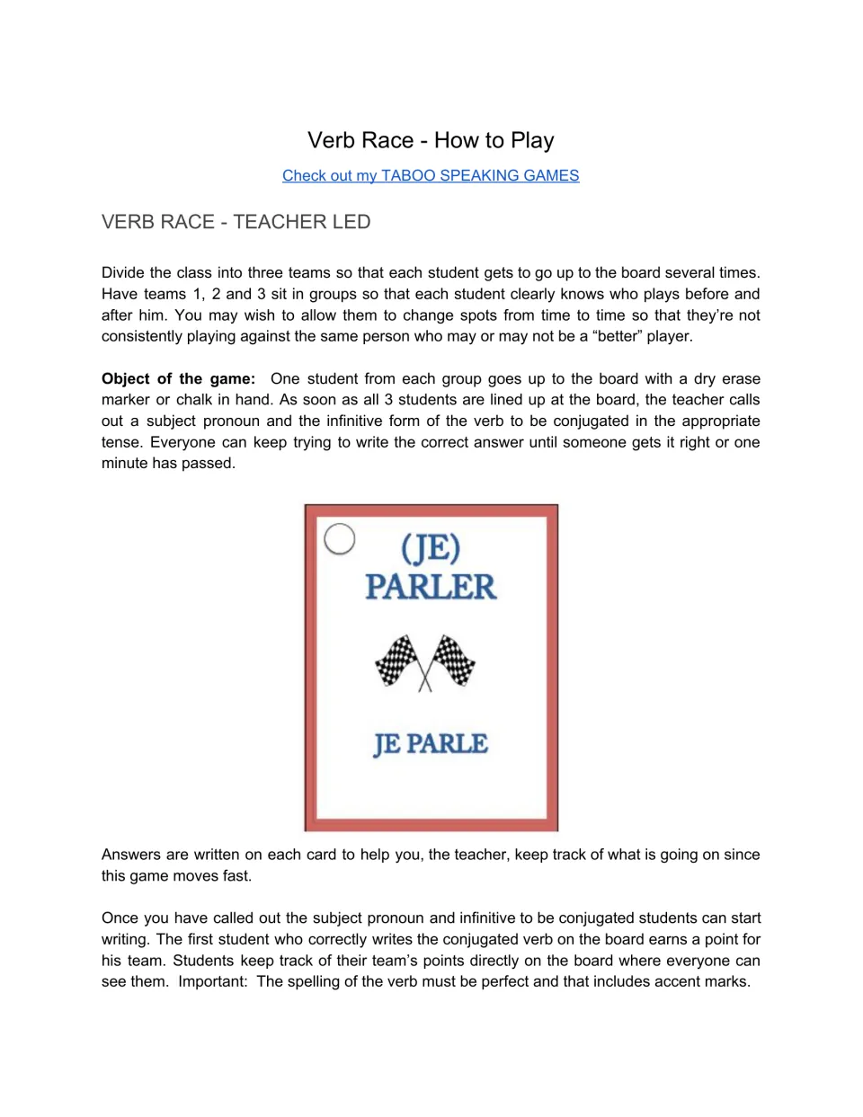 Verb Race how-to-play page: teacher-led rules for three teams racing to the board, with a sample (JE) PARLER card