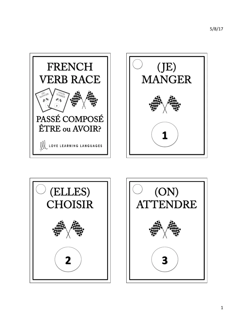 Verb Race title card, then cards 1–3: (je) manger (eat), (elles) choisir (choose), (on) attendre (wait)
