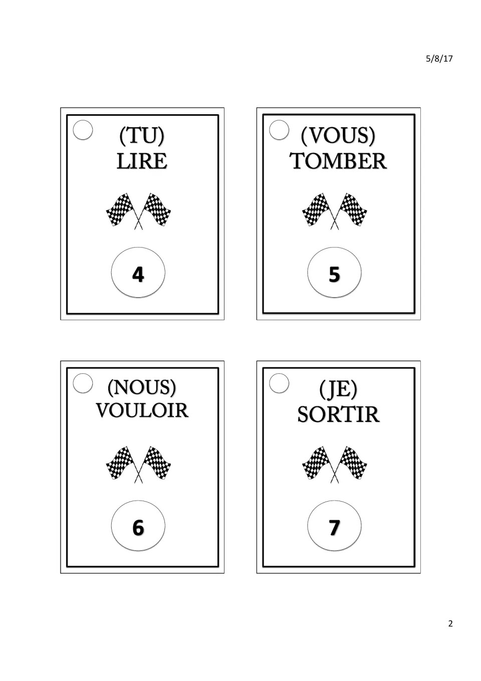 Passé composé task cards 4–7: (tu) lire (read), (vous) tomber (fall), (nous) vouloir (want), (je) sortir (go out)