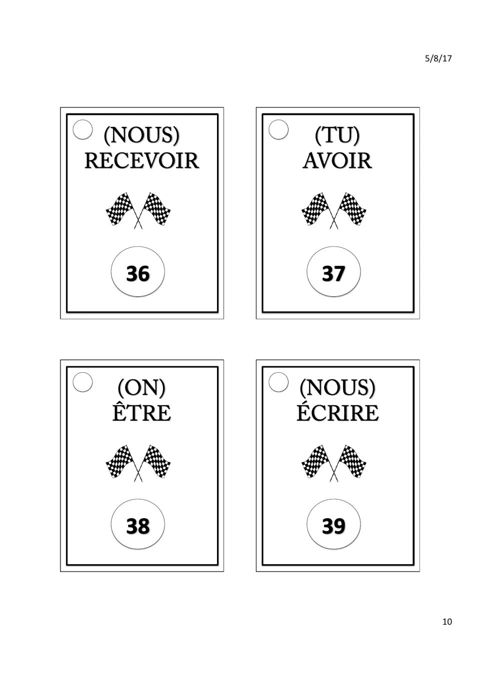 Task cards 36–39: (nous) recevoir (receive), (tu) avoir (have), (on) être (be), (nous) écrire (write)