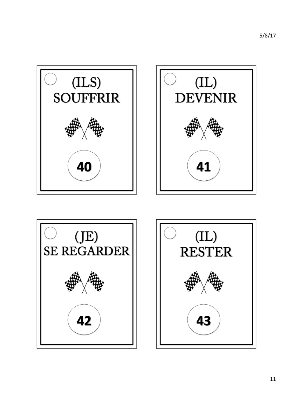 Verb cards 40–43: (ils) souffrir (suffer), (il) devenir (become), (je) se regarder, (il) rester (stay)