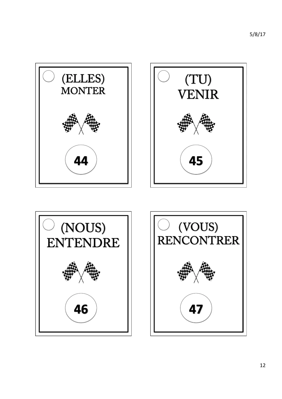 Cards 44–47: (elles) monter (go up), (tu) venir (come), (nous) entendre (hear), (vous) rencontrer (meet)