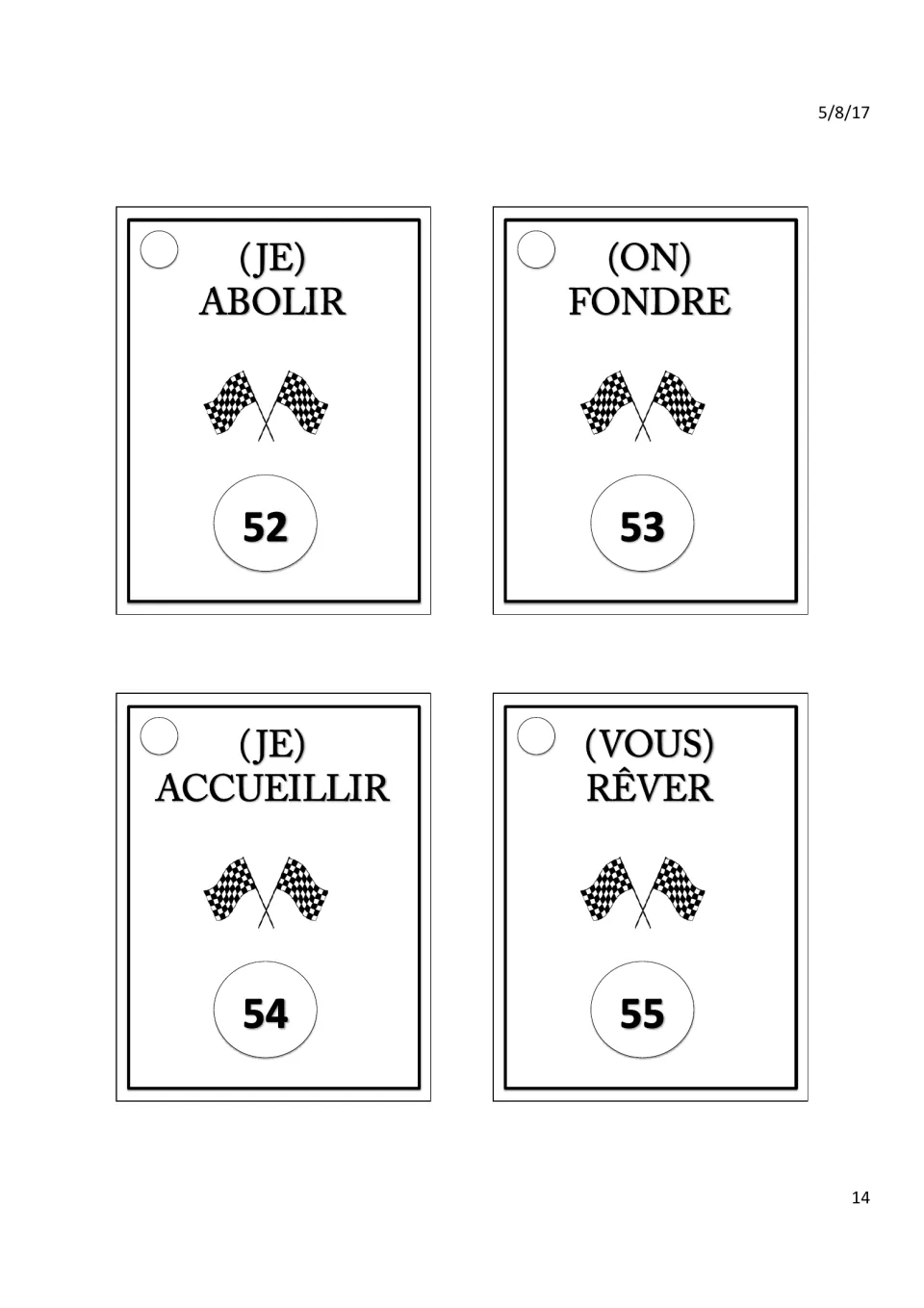 Race cards 52–55: (je) abolir (abolish), (on) fondre (melt), (je) accueillir (welcome), (vous) rêver (dream)